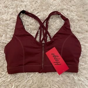 Hopgo zip front burgundy sports bra, size small